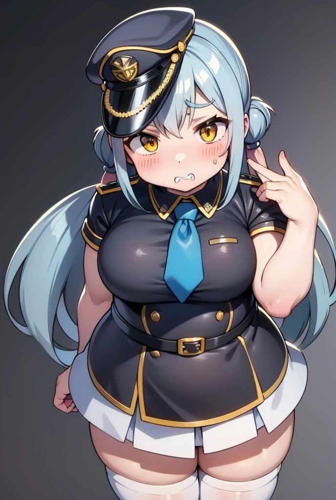 1girl, long hair, blush, simple background, hat, twintails, standing, yellow eyes, hetero, censored, multiple boys, necktie, solo focus, black thighhighs, 2boys, grey background, mosaic censoring, aqua hair, skindentation, white headwear, military uniform, breasts out, clenched teeth, between breasts, peaked cap, veins, white shorts、pubic hair、Nipples、Areola