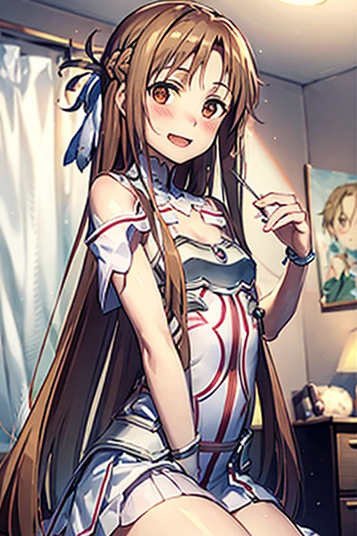 ((Best Quality)), ((masterpiece)), (be familiar with), Perfect Face, indoor, bedroom, Watching the audience,
One woman, Yuuki Asuna,
Open Mouth, Ecstatic expression, blush, smile,
Small breasts, Flat Chest, , , child, Girl,
Long Hair, Long Hair,
Leg spread,