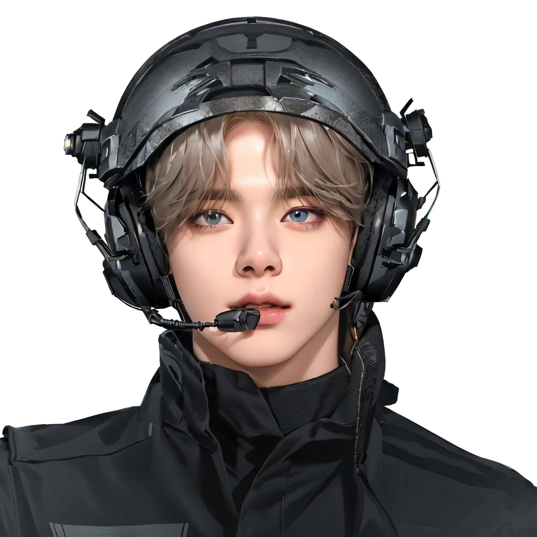 arafed male pilot wearing a helmet and headset, jimin, accurate jimin face, park jimin, 8k portrait render, portrait of jossi of blackpink, closeup shot, closeup view, 2 d cg, overlord billie eilish, inspired by jeonseok lee, attractive androgynous humanoid, closeup portrait shot, portrait futuristic solider girl, jung jaehyun