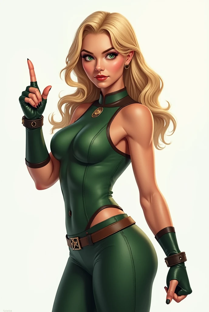 Female smuggler from Star Wars. Tatooine background. Young, fit. Blonde longer hair. Green eyes. Wearing tight leather brown leggings with a belt. Short jacket or vest. Visible cameltoe
