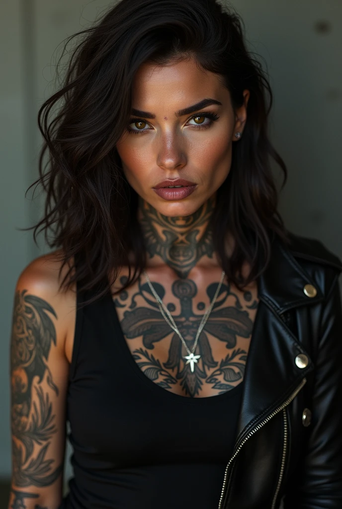 Raw portrait photograph of a bold and confident tattooed brunette with a seductive facial expression, posing in a dark and moody industrial setting, hard lighting, detailed skin and hair texture, highly contrasted, high-quality photo shot on iPhone.