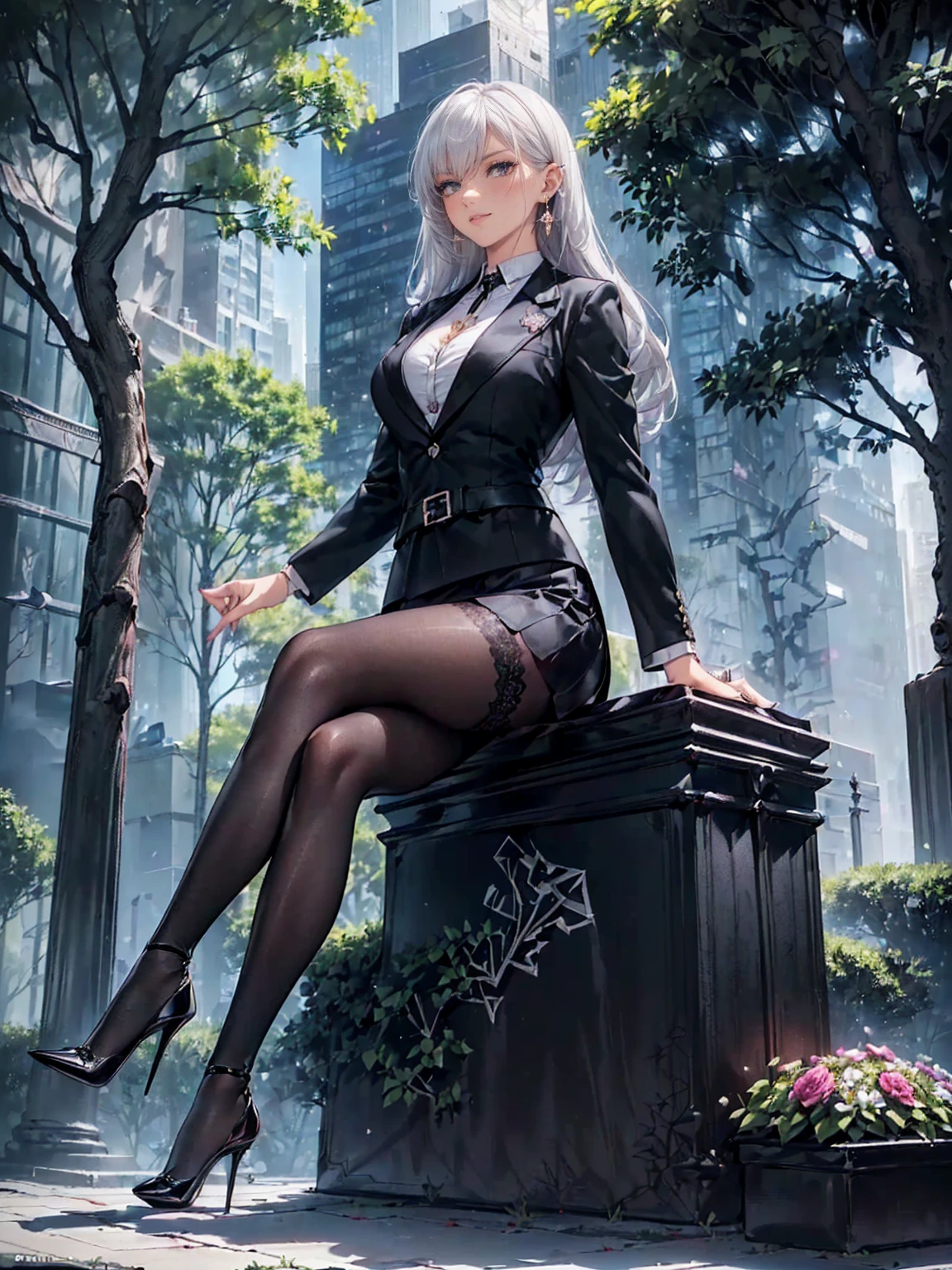 (( black blazer, black suit, white shirt, gray skirt, black tights, lace tights, high heels, stiletto heels, pointy heels, bracelets, park, square, corner of square, trees, bushes, trees, flowers, embroidery, city, skyscraper, belt with buckle, (legs crossed), fine jewelry, earrings, smug))