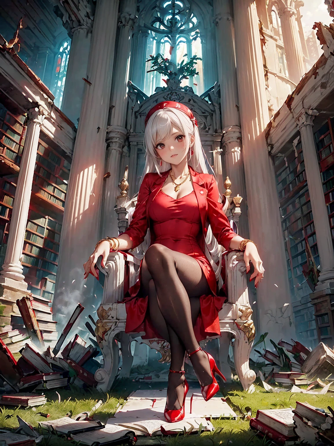 ((red dress, low-cut dress, red high heels, tights, white blazer, white suit, white armchair, white throne, gold necklace, bracelets, tree, abandoned library, devastated library, rubble, books, grass, smug))