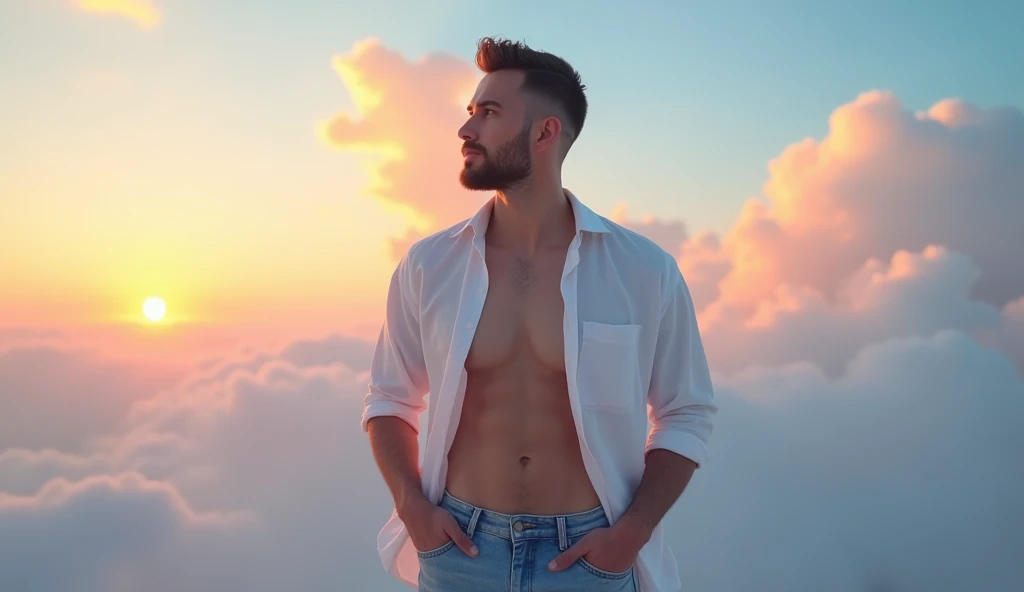 (photorealism:1.2), masterpiece, Best quality, super detail, ultra realism, super realism, 8k, sharp textures, detailed skin texture accurate anatomy, handsome brunette man walking on pink clouds, sunset in the background