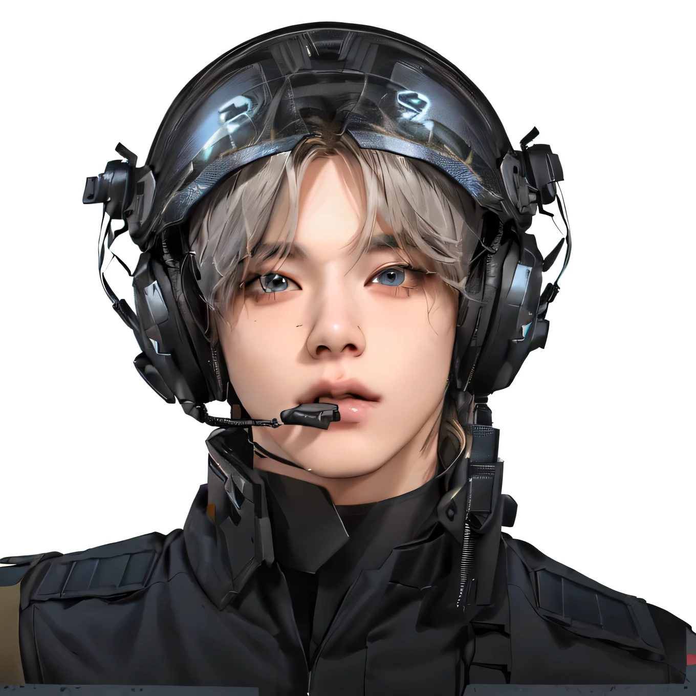 arafed male pilot wearing a helmet and headset, jimin, accurate jimin face, park jimin, 8k portrait render, portrait of jossi of blackpink, closeup shot, closeup view, 2 d cg, overlord billie eilish, inspired by jeonseok lee, attractive androgynous humanoid, closeup portrait shot, portrait futuristic solider girl, jung jaehyun