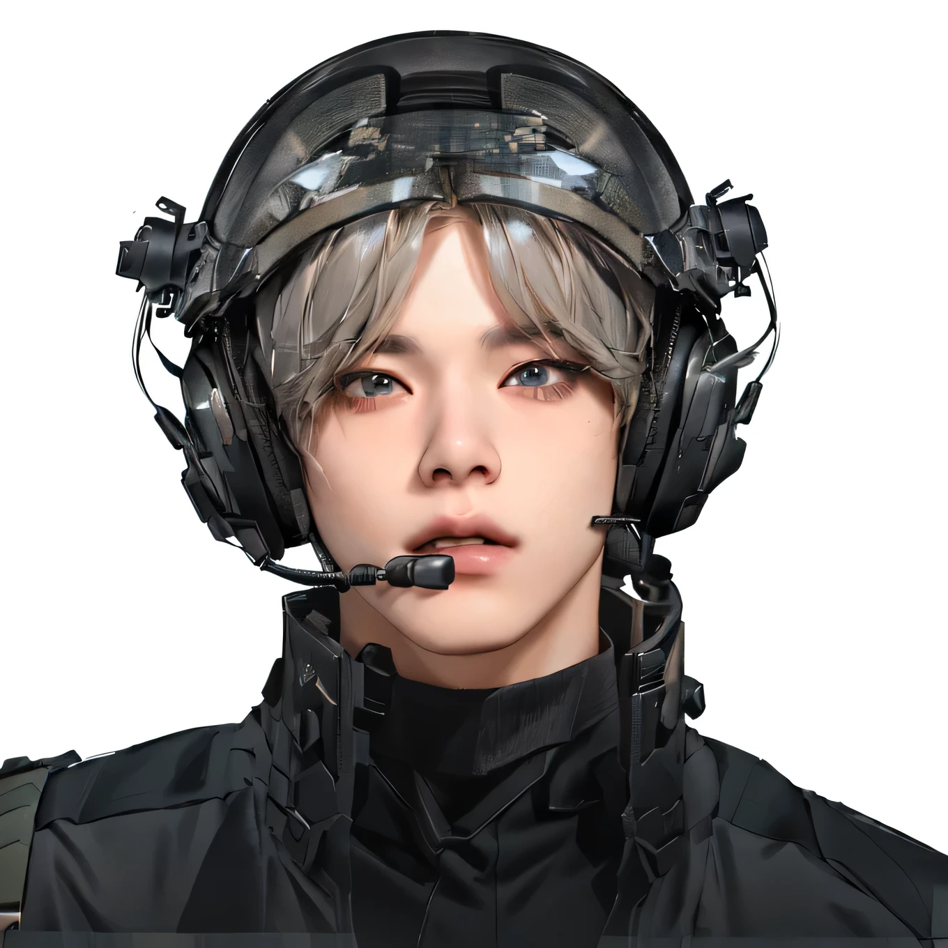 arafed male pilot wearing a helmet and headset, jimin, accurate jimin face, park jimin, 8k portrait render, portrait of jossi of blackpink, closeup shot, closeup view, 2 d cg, overlord billie eilish, inspired by jeonseok lee, attractive androgynous humanoid, closeup portrait shot, portrait futuristic solider girl, jung jaehyun