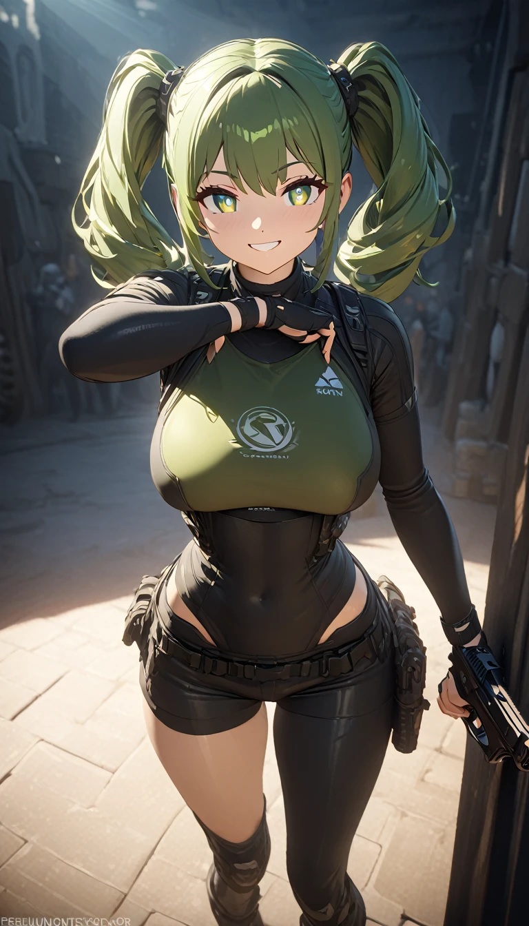 diaphragm, (bright eyes:1.25), masterpiece, best quality, extremely detailed, high quality, 4k, sharp focus, professional, sharp focus, awarded, cinematic lighting, octane rendering, Unreal Engine, volumetric dtx, wallpaper, (masterpiece, Superior quality: 1.2), anime style, Super detail, great lighting, (1 girl: 1.3), (High resolution:1.2),(​masterpiece、premium:1.2),full body, very detailed eyes, Perfect face, very beautiful female body, large thighs, medium chest, good lighting, cowboy shot, Alone, 1 girl, (((happy face))), standing,dynamic pose, Look at the spectators, ropa tactica, handgun, Long green hair,twintails, green eyes, pantalón corto, playera corta,muestra el ombligo, happy smile, hinata, Simple background