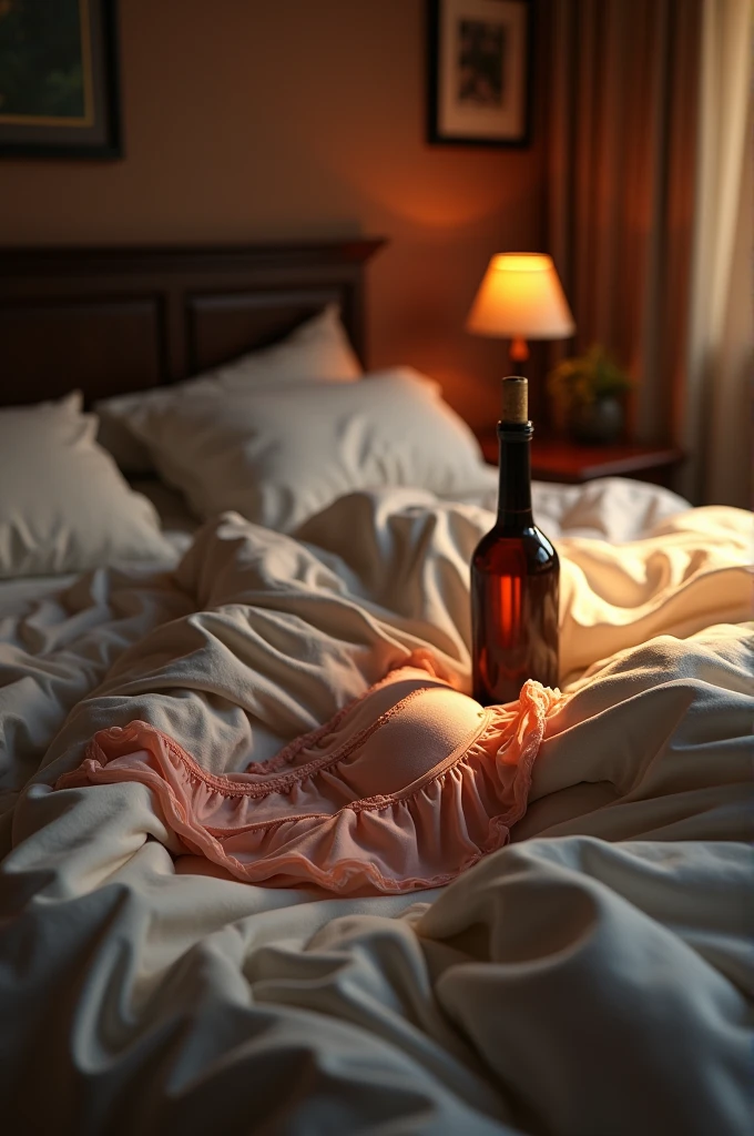 A naked woman in bed showing her pussy while holding a glass of red wine