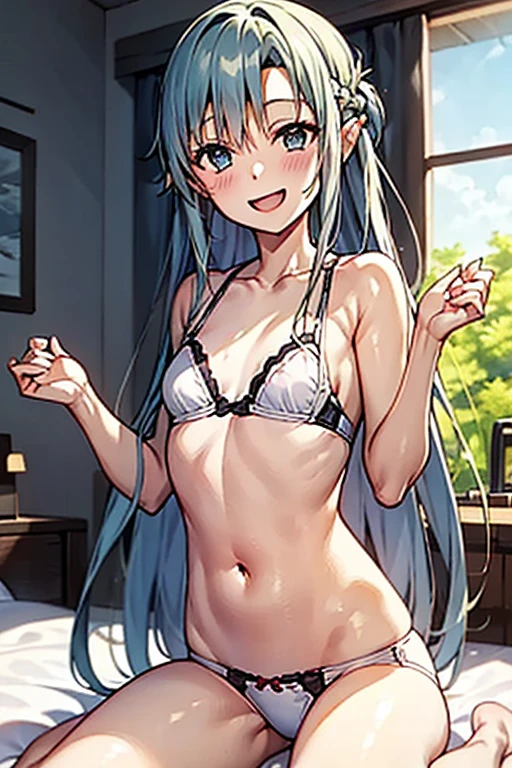 ((Best Quality)), ((masterpiece)), (be familiar with), Perfect Face, indoor, bedroom, Watching the audience,
One woman, Yuuki Asuna,
Open Mouth, Ecstatic expression, blush, smile,
Small breasts, Flat Chest, , , child, Girl,
Long Hair, Long Hair,
Leg spread,