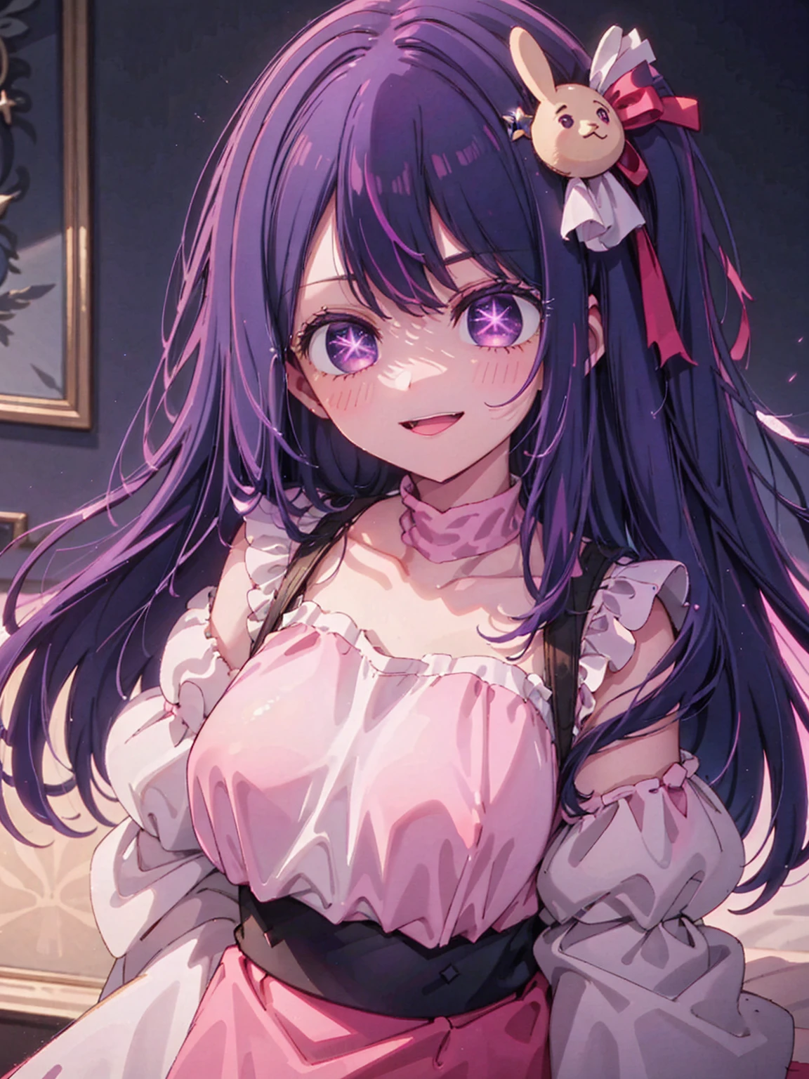 Hosino Ai, gloves, tongue sticking out, tongue, long hair, star (symbol), watch viewer, (purple hair: 1.2), purple eyes, upper body, hair ornament, ruffles, pink shirt, smile, sleeveless, shirt, idol, symbol shaped pupil, bangs, one side up, star-shaped pupils,  roaring twenties, isometric, from above, full body, rembrandt, Illustration, detail, depth of field, looking at the viewer, , tongue out, highest quality, high resolution.