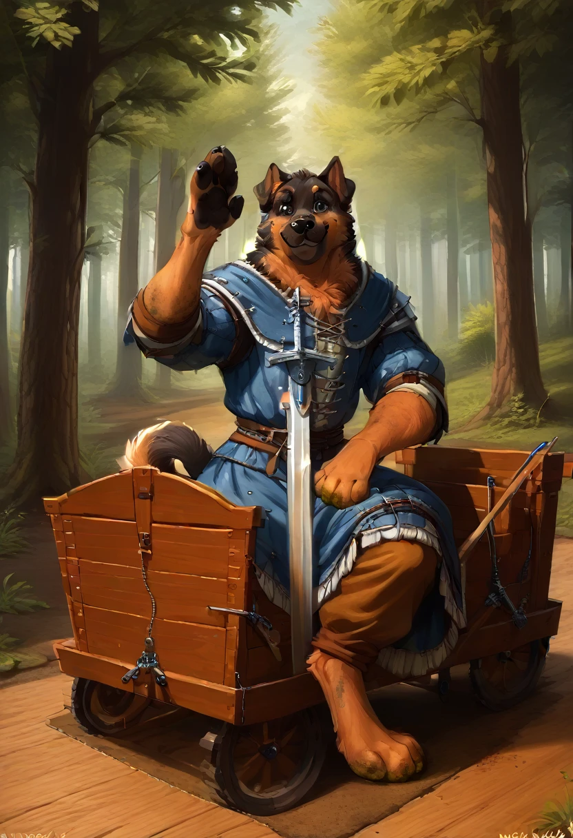 Solo, male, standing, forest, by zackary911, by jay naylor, by zaush, by nuzzo, by meesh, muscular, canine, dobermann, blonde hair, blue eyes, smirking, lifting tunic, sitting, erection, (((canine penis)), (knot), tan tunic, black cloak, hood