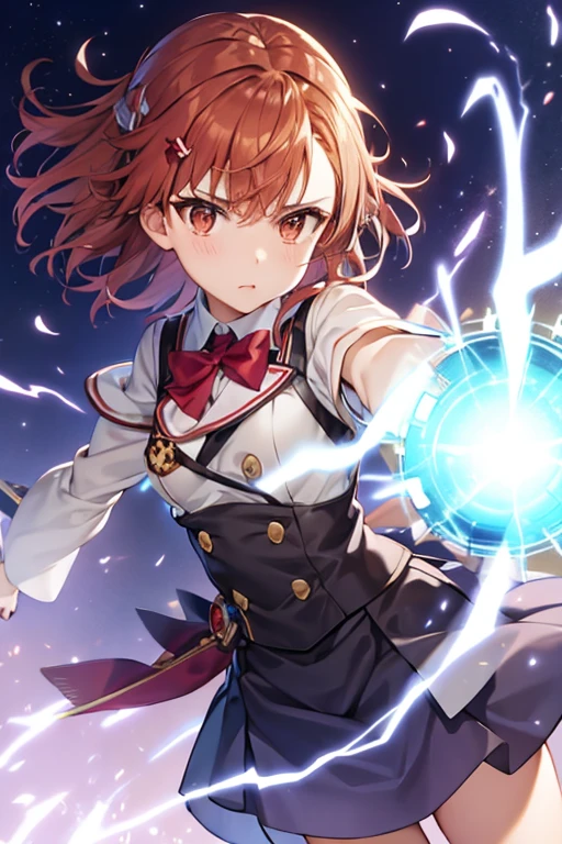 Misaka Mikoto is flying freely around Academy City using electricity.、Eyes on the center、One-eyed wink、Firing a railgun