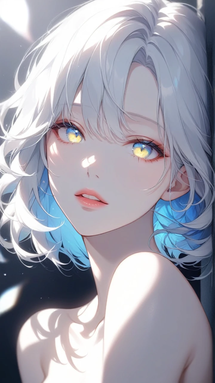 dark,caustics,colorful,gorgeous light and shadow,full body,
The girl's pale skin,her lips are slightly open to reveal her teeth,and her (blue and yellow eyes) eyes are blur and dreamy. mottled light and shadow,portrait,white hair,side face,  