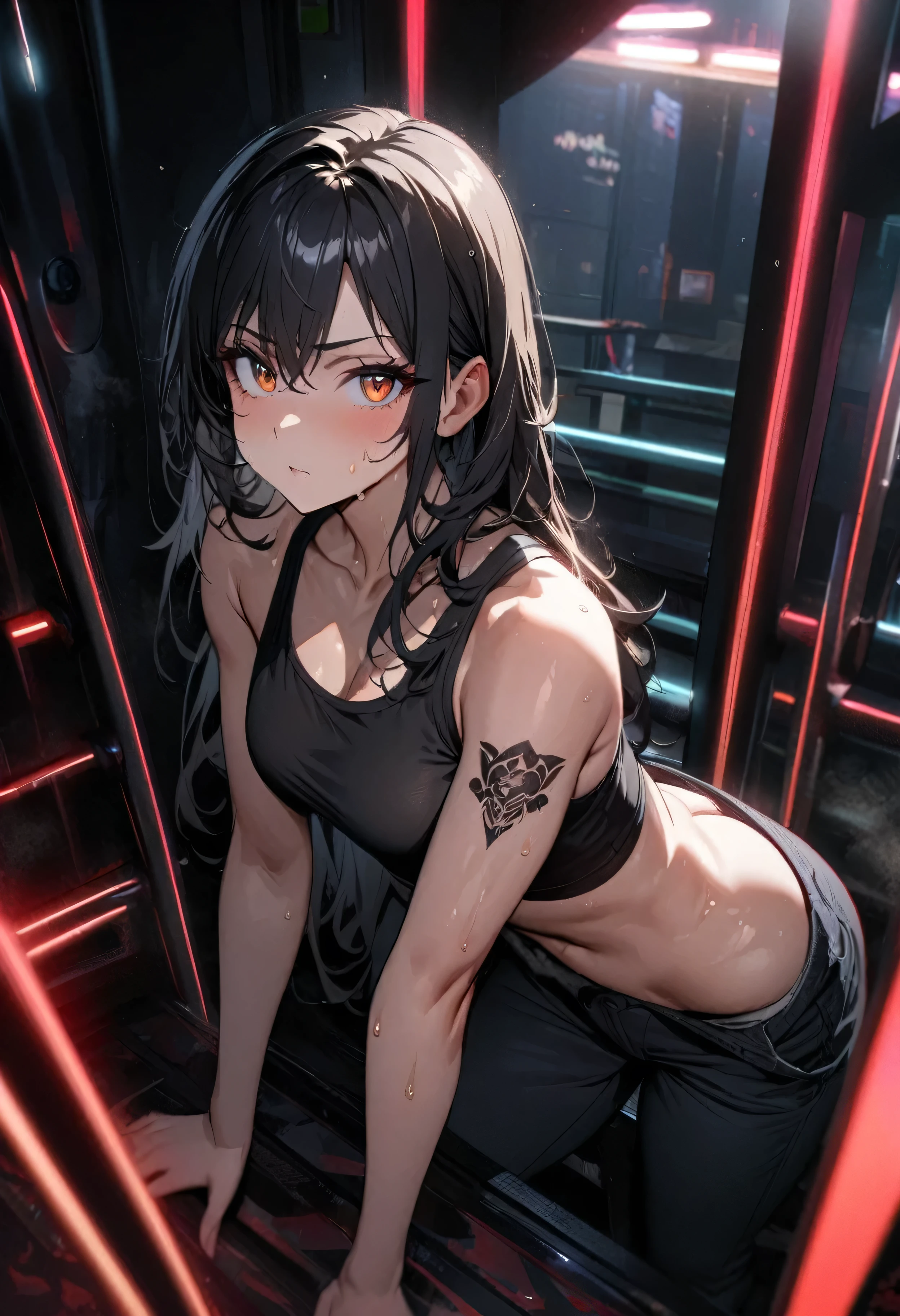 Highest quality、Highest quality、Masterpiece、girl((American、half、18-year-old、as soon as、Highest Bust、Medium Bust、Wide open chest、Red glowing eyes、Black Ear、Red Mesh、Disheveled Hair、Loincloth、thin、The best valley、Open chest、hair ornaments、Full body view、pants、Sports Bra、Random Pause))、high quality、Beautiful Art、background((military base))、flight、Flying Debris、Depth of text、movie、Visual Arts、Perfect Art、8K、Genuine、Special Angles