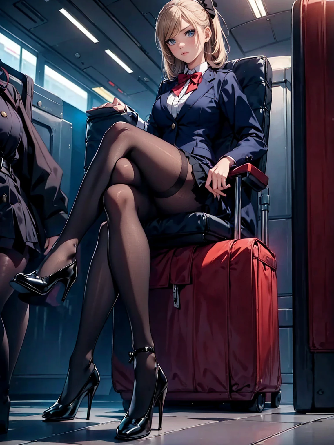 stewardess, flight attendant, skirt, blazer, tights, high heels, airport, armchair, sitting, crossed legs, tie, bow tie, glamorous