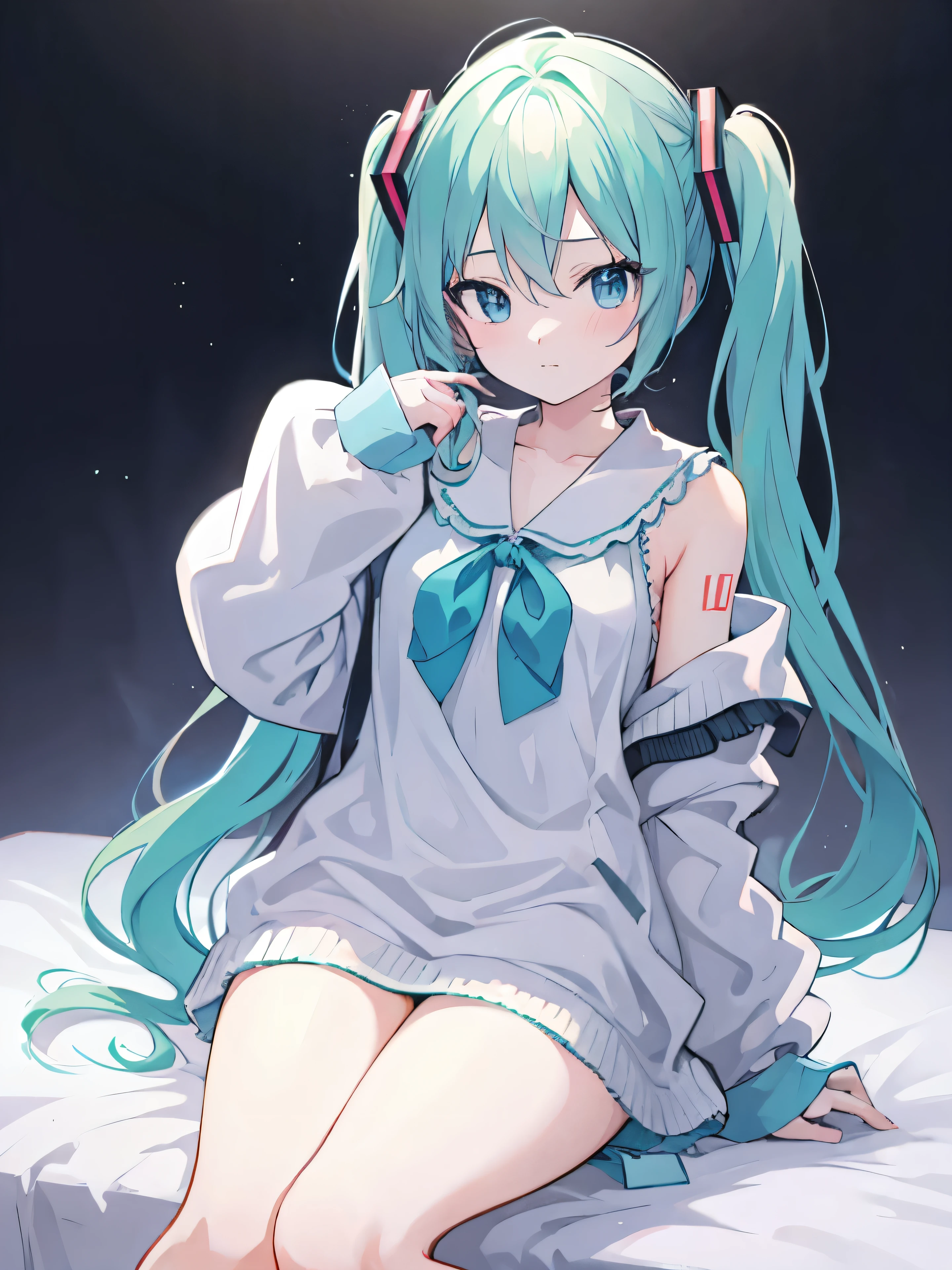 Hatsune miku sitting on a bed, thick thighs, smooth skin, warm lighting