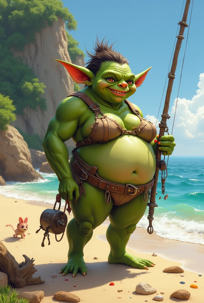 goblin,hairy, speedo, prominent belly, bulged belly, swollen belly, muscular, tall, pointed ears, sitting