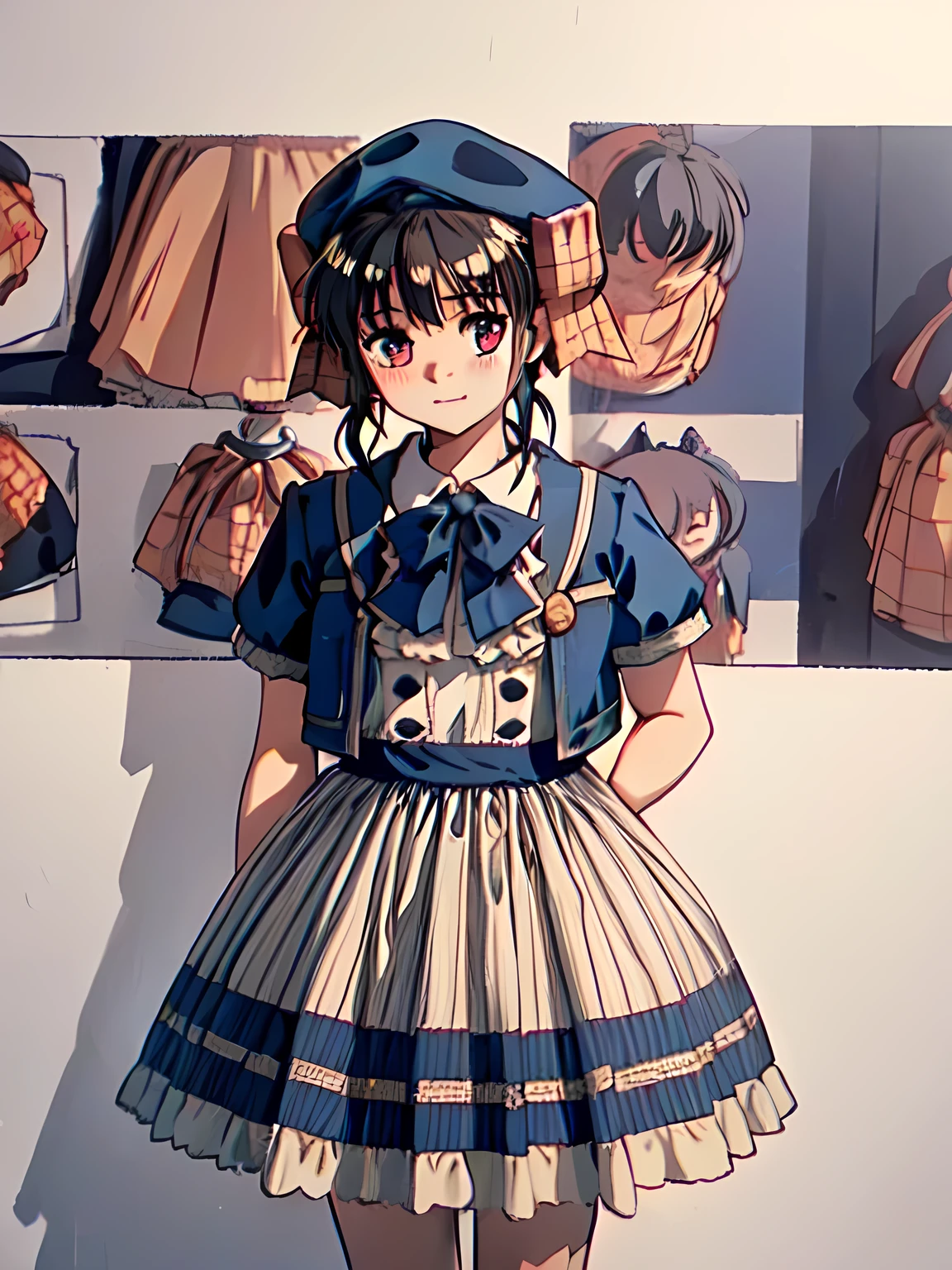(((narusawa))), girl, Alone, idol clothes,dress,collared dress,jacket,cropped jacket,short sleeves,bowtie,bow,buttons,hat,beret