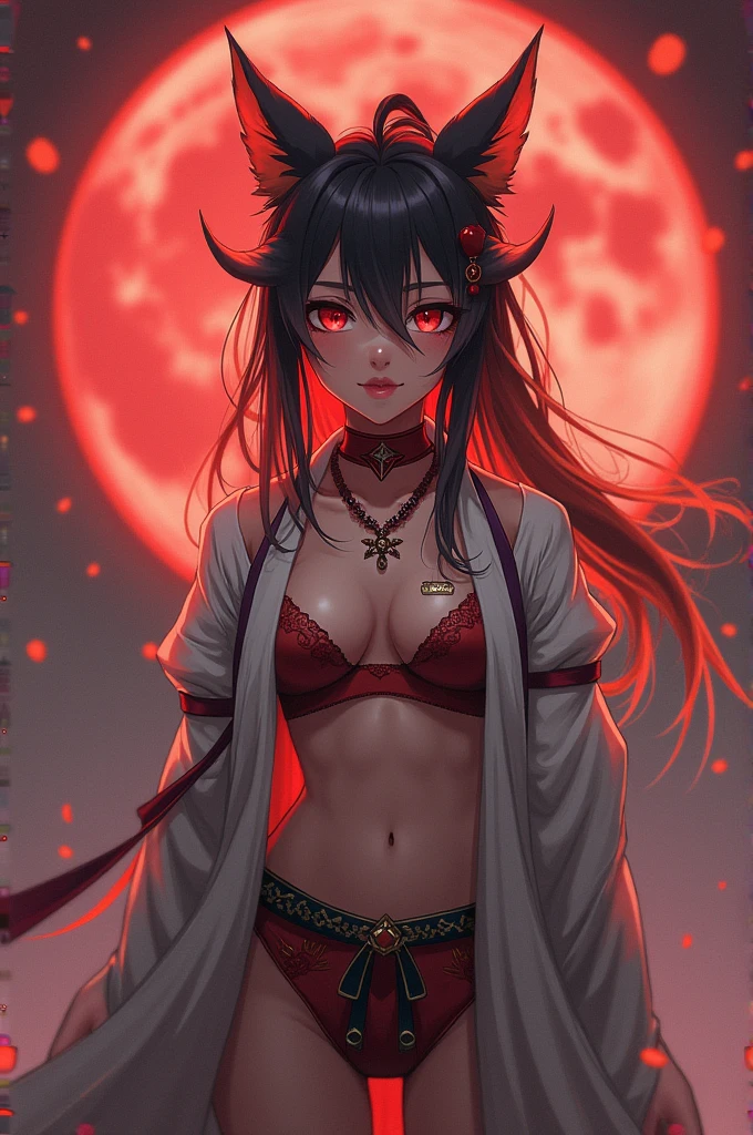 8K, Ultra High Definition, Super detailed, Shiny detailed hair, detailed face, fantasy landscape, solo, looking at viewer, {{best quality}}, {{masterpiece}}, {{ultra-detailed}}, {detailed light}, ultra high quality eyes, detailed eyes, perfect eyes, large eyes, detailed red eyes, black hair, long hair, beautiful, skinny body, white skin, slutty, erotic, blushing, open mouth, ahegao, ((sexy tattoo)), standing in suggestive pose, nsfw