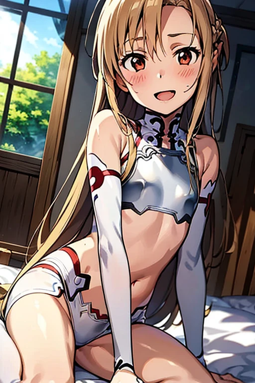 ((Best Quality)), ((masterpiece)), (be familiar with), Perfect Face, indoor, bedroom, Watching the audience,
One woman, Yuuki Asuna,
Open Mouth, Ecstatic expression, blush, smile,
Small breasts, Flat Chest, , , child, Girl,
Long Hair, Long Hair,
Leg spread,