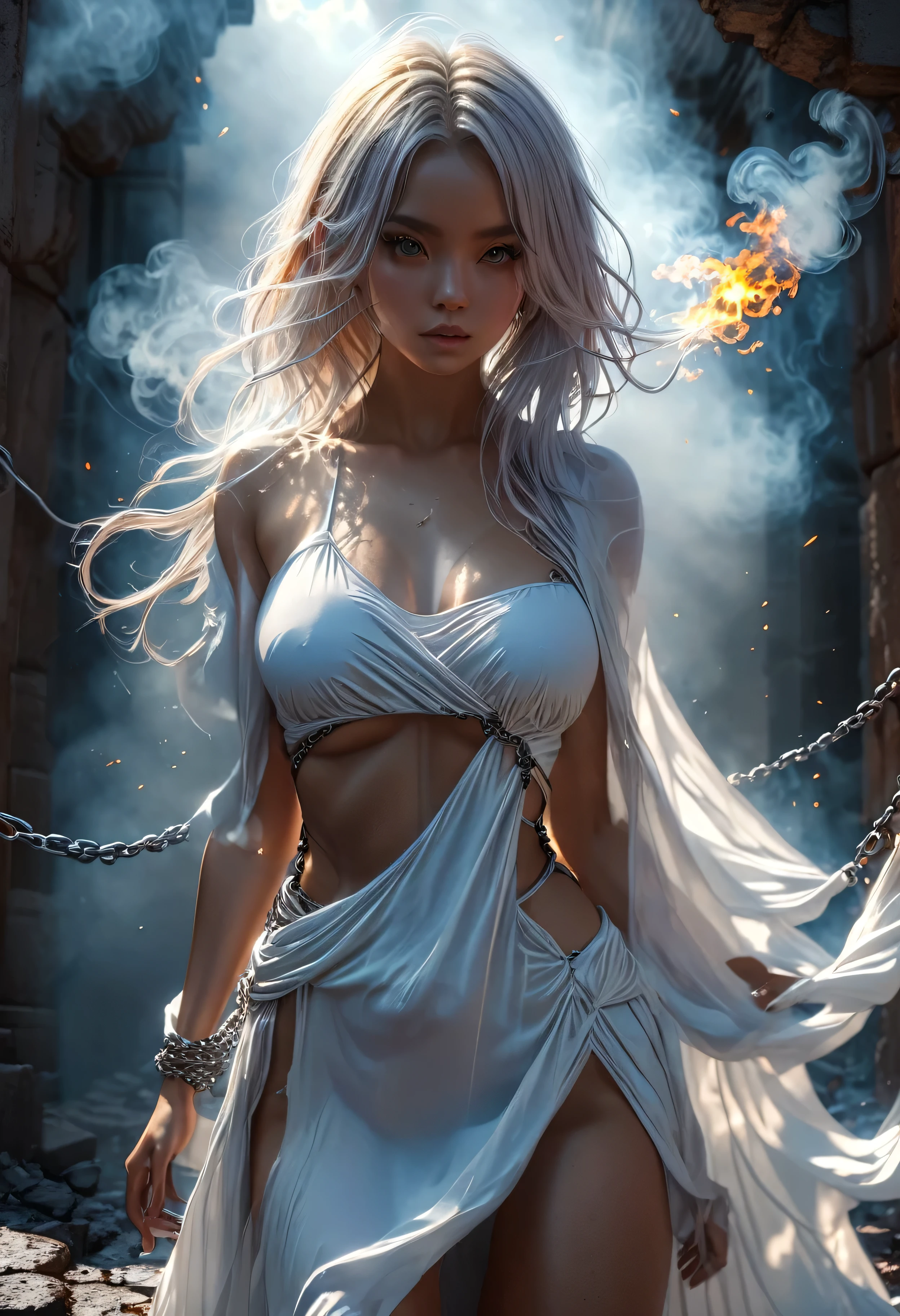 (best quality,4k,8k,highres,masterpiece:1.2),ultra-detailed,(realistic,photorealistic,photo-realistic:1.37), 
a girl looks like Denis Dang with long white hair:1.3 chained and wrapped in burning chains,view from below, illustration,metallic texture,demonic, 
wielding immense power,melting chains,scorching heat,rays of light piercing through the cracks,ominous shadows,exquisite detailing,steaming heat waves,smoke rising,,
fireworks-like sparks,dramatic composition, dark fantasy, fiery destruction,apocalyptic scene,crumbling ruins,distant flames,molten lava, masterpiece, 
best quality:1.2,,(8k,highres,RAW photo,realistic,photo-realistic:1.3),(detailed skin texture,detailed cloth texture,beautiful detailed face:1.25),
professional lighting,photon mapping,beautiful soft light,radiosity,physically-based rendering,raytracing, model shoot style, model shoot style, (extremely detailed CG unity 8k wallpaper), full length body photo of the most beautiful androgen.
