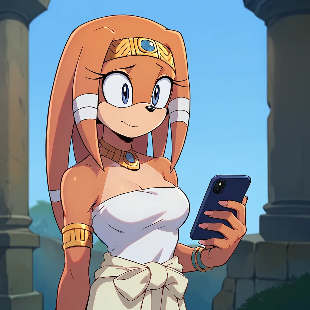 score_9_presence, score_8_up, Tikal The Echidna, wrapped in towel, medium breasts, holding phone