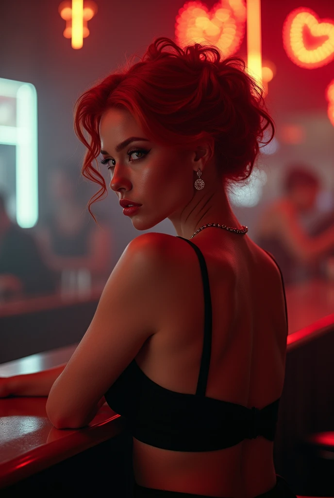 Une femme rousse, au charme envoûtant, danse avec une assurance captivante au milieu d'un bar animé. Ses cheveux d'un rouge flamboyant, légèrement ondulés, virevoltent autour de son visage alors qu'elle se déplace avec grâce et énergie. Elle porte une robe ajustée, d'un tissu brillant qui capte la lumière tamisée du bar, soulignant chaque mouvement de son corps. La robe, peut-être d'un rouge profond ou d'un noir élégant, met en valeur ses courbes et ajoute une touche de glamour à son allure.
Ses mouvements sont fluides, sensuels, et elle danse avec une passion qui attire tous les regards dans la pièce. Le bar, éclairé par des lumières douces et colorées, est rempli d'une ambiance électrique, où la musique rythme chaque geste de sa danse. Les clients autour d'elle s'arrêtent pour admirer sa performance, captivés par son charme irrésistible. Les tables en bois, les verres scintillants, et le murmure des conversations en arrière-plan ajoutent à l'atmosphère vibrante de ce lieu, transformant la danse de cette femme rousse en une scène aussi hypnotisante que séduisante.