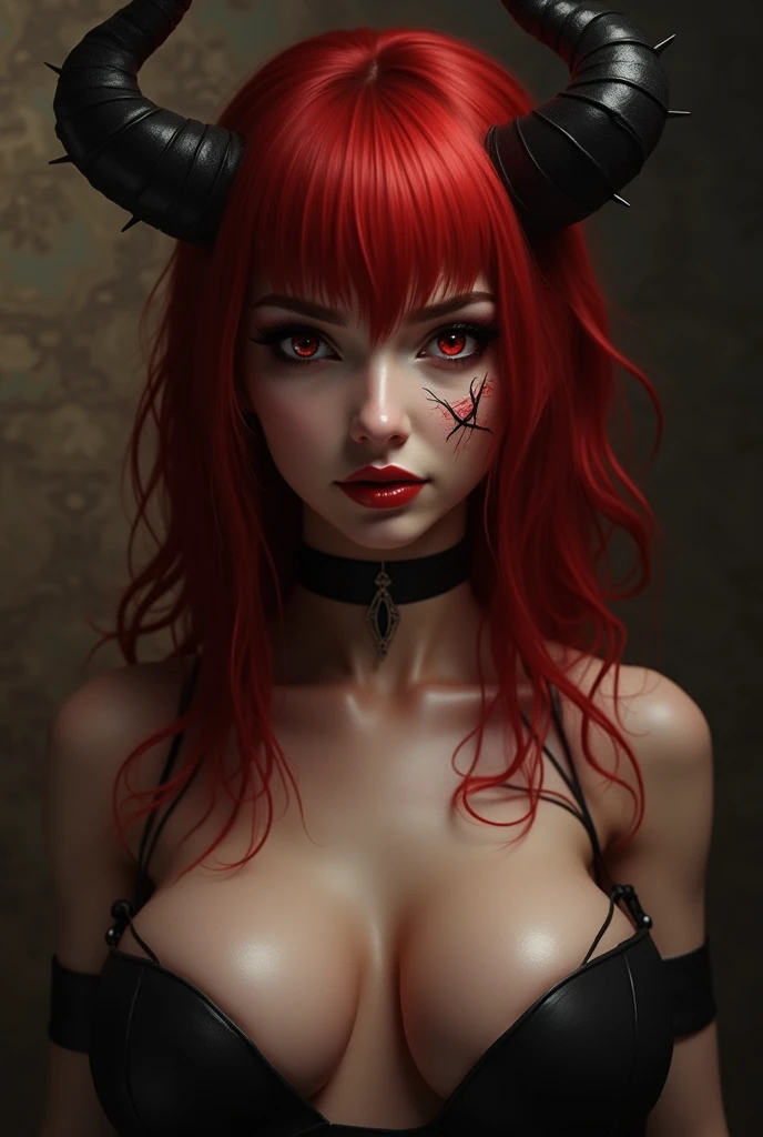 1girl, High Resolution, Looking at viewer, Smile, Red Eyes, Very Long Hair, Ponytail, Fang, Masterpiece, Accurate, Anatomically Correct, Best Quality, Detail, Red Hair, Hair Over One Eye, Large breasts, Smile, Open Mouth, Red Eyes, Fang, Makeup, Fangs, Drooling blood,Red Lips, Fang Out, Evil Smile, Seductive Smile, Wide Shot,