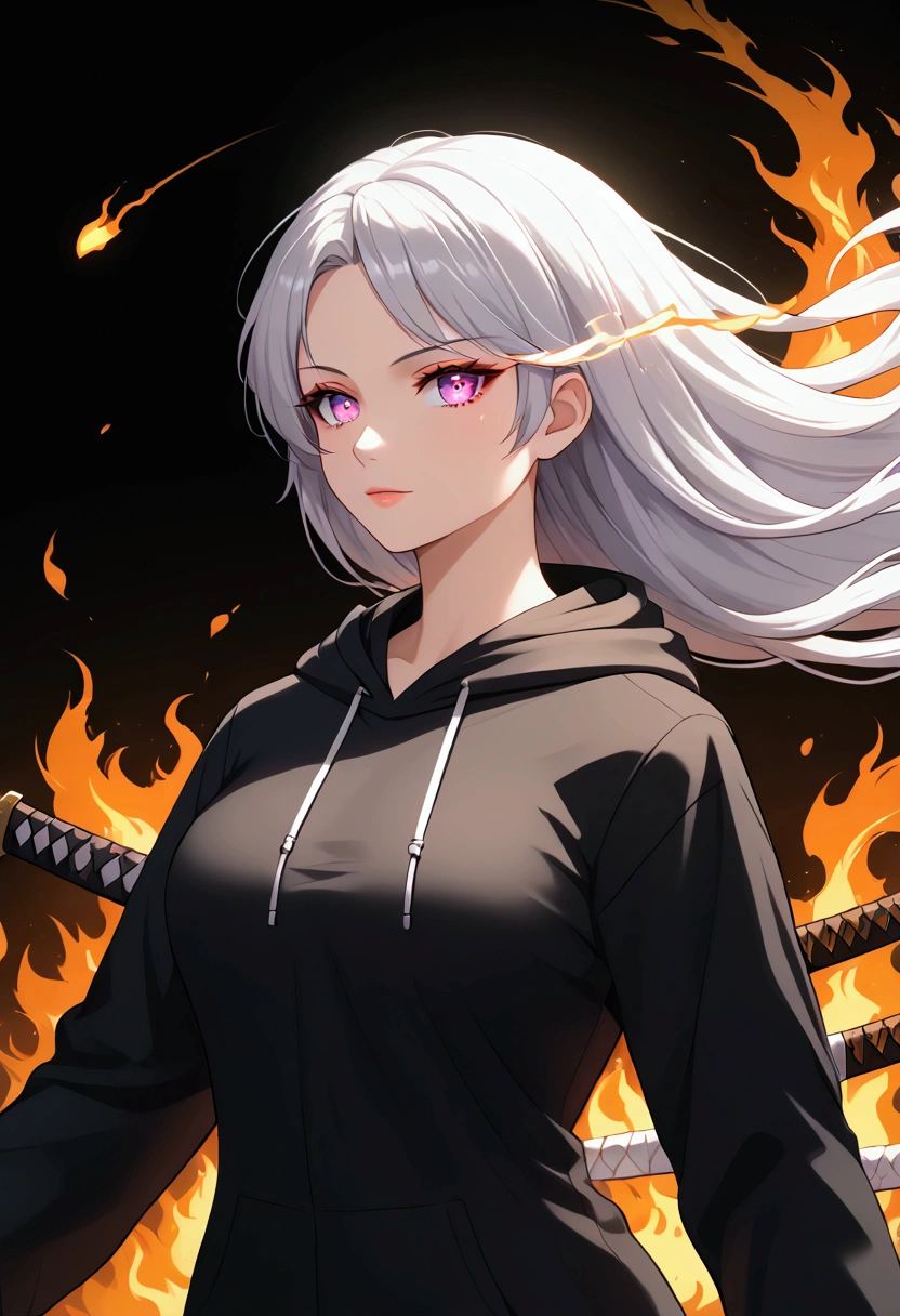 Masterpiece, ultra detailed, best quality, hyper detailed, ultra resolusion, Solo, girl, beautiful girl, beautiful colorful eyes, tied flaming silver hair, black hoodie, holding a katana,