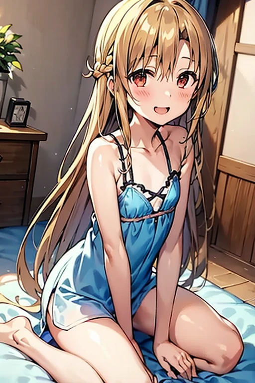 ((Best Quality)), ((masterpiece)), (be familiar with), Perfect Face, indoor, bedroom, Watching the audience,
One woman, Yuuki Asuna,
Open Mouth, Ecstatic expression, blush, smile,
Small breasts, Flat Chest, , , , Girl,
Long Hair, Long Hair,
Leg spread,