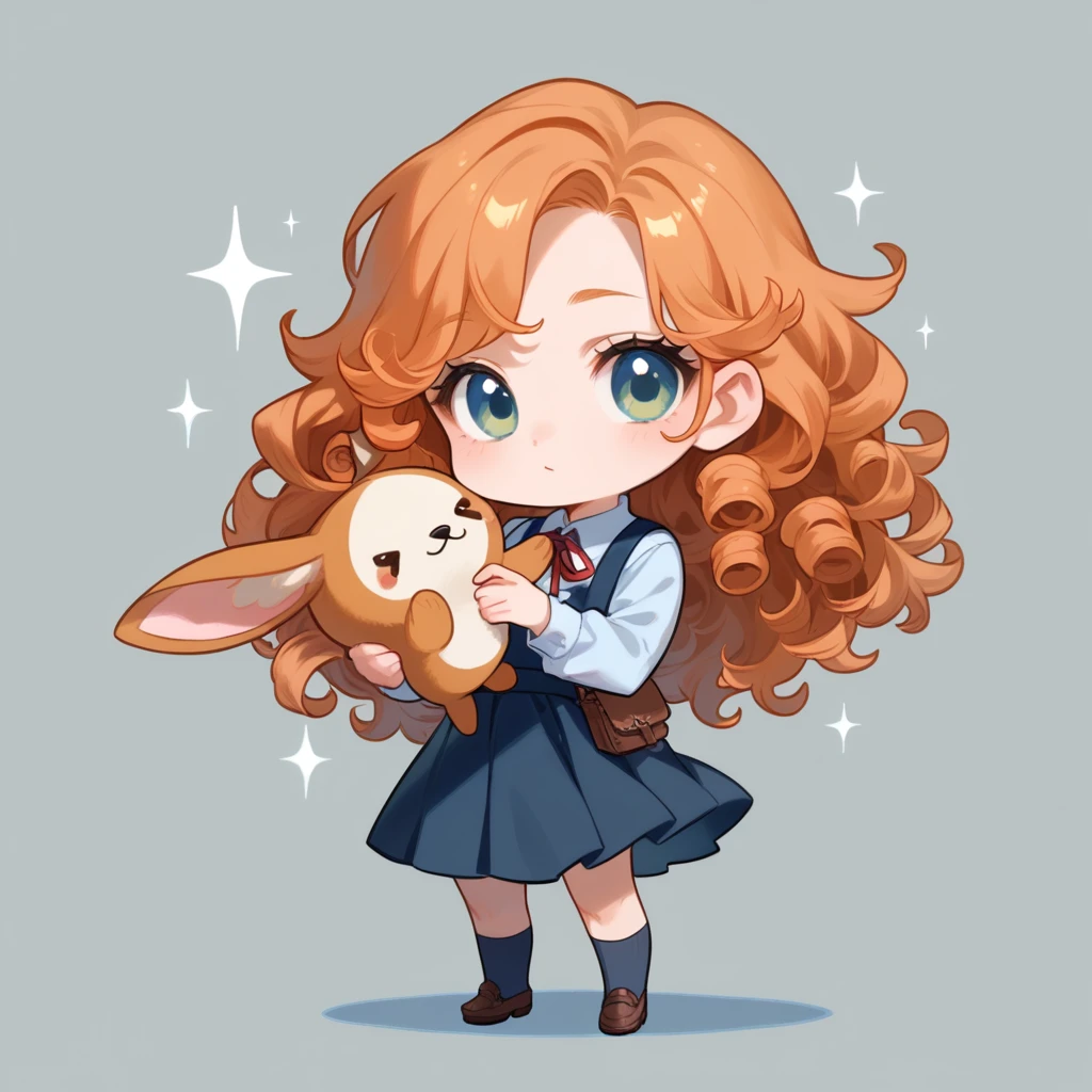 score_9, score_8_up,  Chibi,holding animal，Wearing a skirt，Long curly hair，whole body，