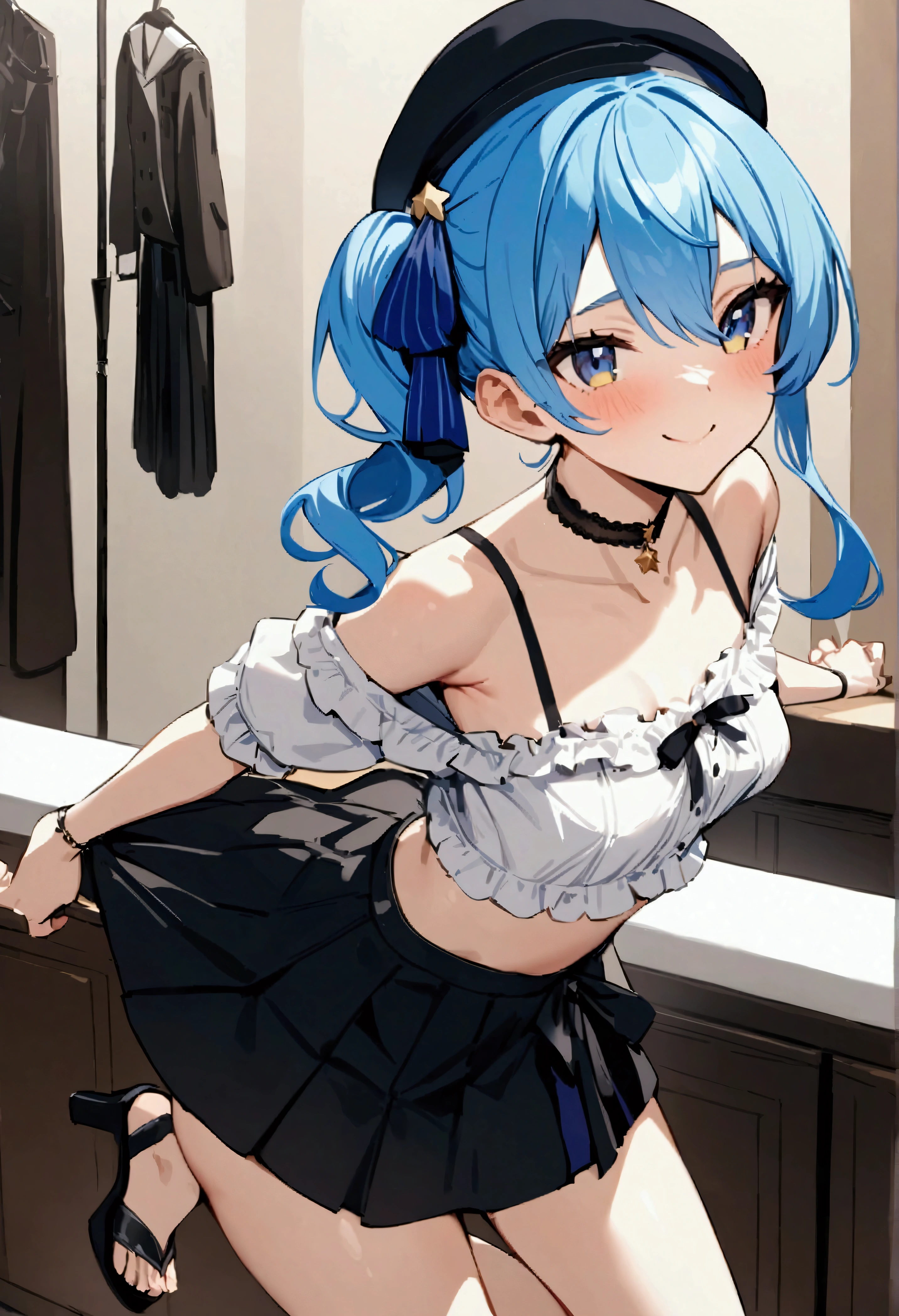 NSFW,masterpiece,Highest quality,High resolution,Super detailed,Star Town Suisei\(Hololive\),Blue Hair,One Side Ponytail,Blue Eyes,Small breasts,White leotard,High leg,Removable sleeves,Micro Mini Skirt,garter belt,belly button,Adventurer's Guild,Reception counter,Embarrassed,Expectant expression(Strong-faced men),Surrender