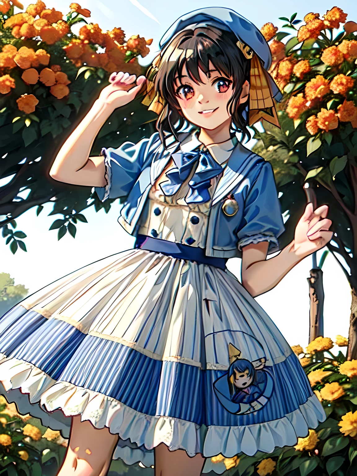 (((narusawa))), girl, alone, idol clothes,dress,collared dress,jacket,cropped jacket,short sleeves,bowtie,bow,buttons,hat,beret, smile、garden