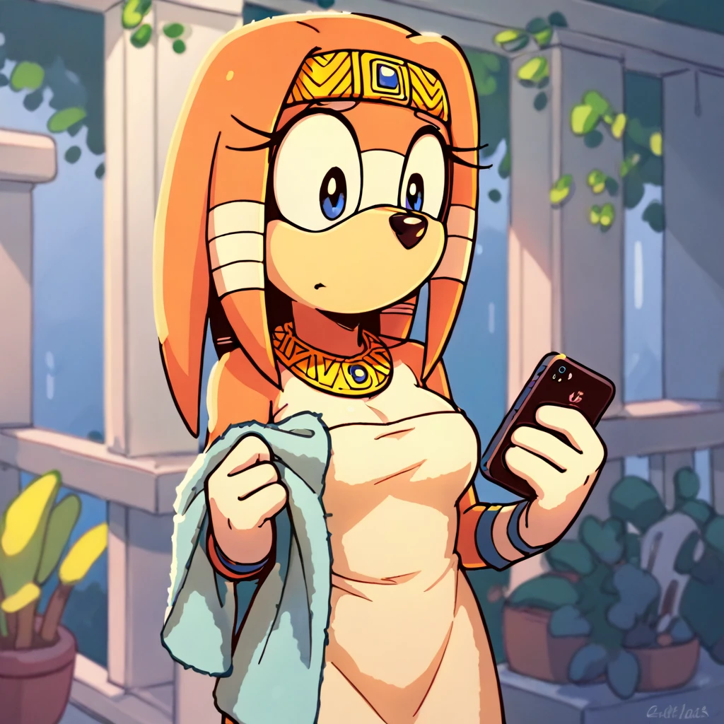 score_9_presence, score_8_up, Tikal The Echidna, wrapped in towel, medium breasts, holding phone
