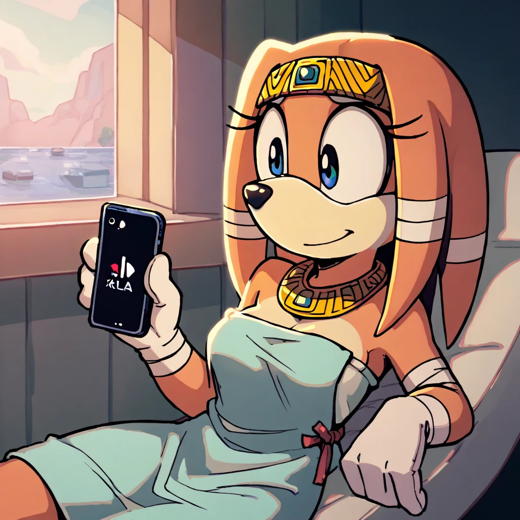 score_9_presence, score_8_up, Tikal The Echidna, wrapped in towel, medium breasts, holding phone
