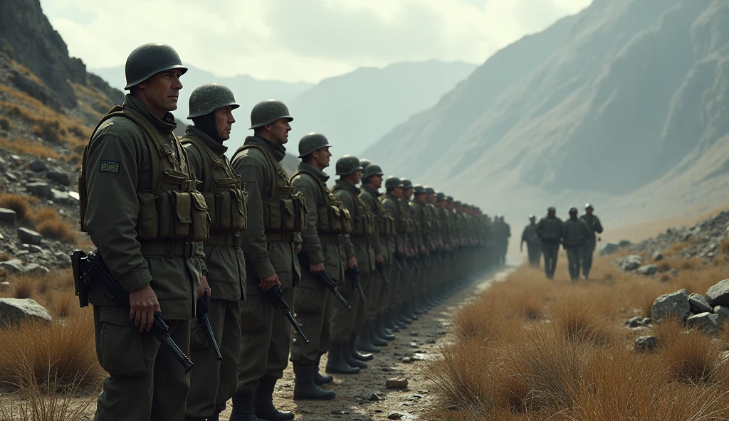 soldiers marching down a street with a mountain in the background, soldiers running, soldiers, several soldiers, wartime footage, soldiers charging in, world war ii military style, soldiers charging the enemy, american soldiers invaded mars, colourised, war movie scene, screenshot from a movie, ww2 era, film still dnd, still from the film, shot from movie