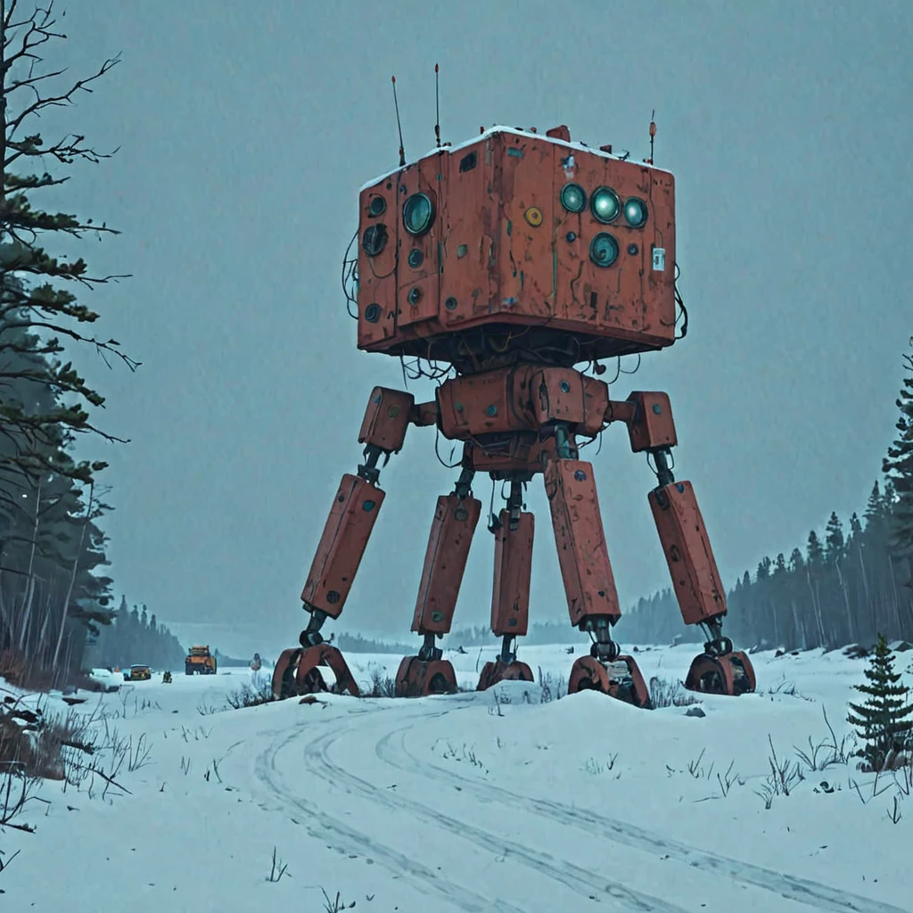 (canyons:1.5) abandoned a group of machine (blizzard:1.3) Simon Stalenhag style