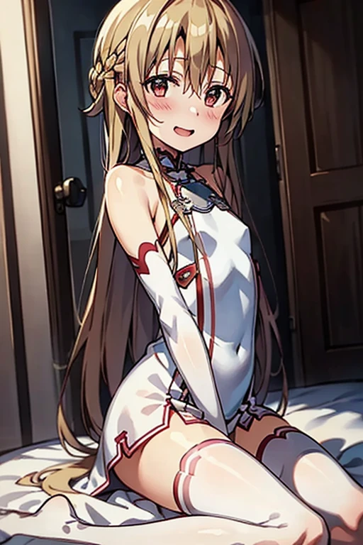 ((Best Quality)), ((masterpiece)), (be familiar with), Perfect Face, indoor, bedroom, Watching the audience,
One woman, Yuuki Asuna,
Open Mouth, Ecstatic expression, blush, smile,
Small breasts, Flat Chest, , , child, Girl,
Long Hair, Long Hair,
Leg spread,