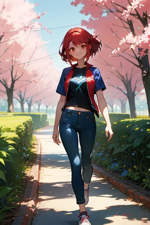 Pyra Homura, short reddish hair, dark t-shirt, blue jacket with open cream, jeans, sneakers, scenery of a park, smiling but mysterious expression, mysterious smile, walking slowly, beautiful and serene woman 