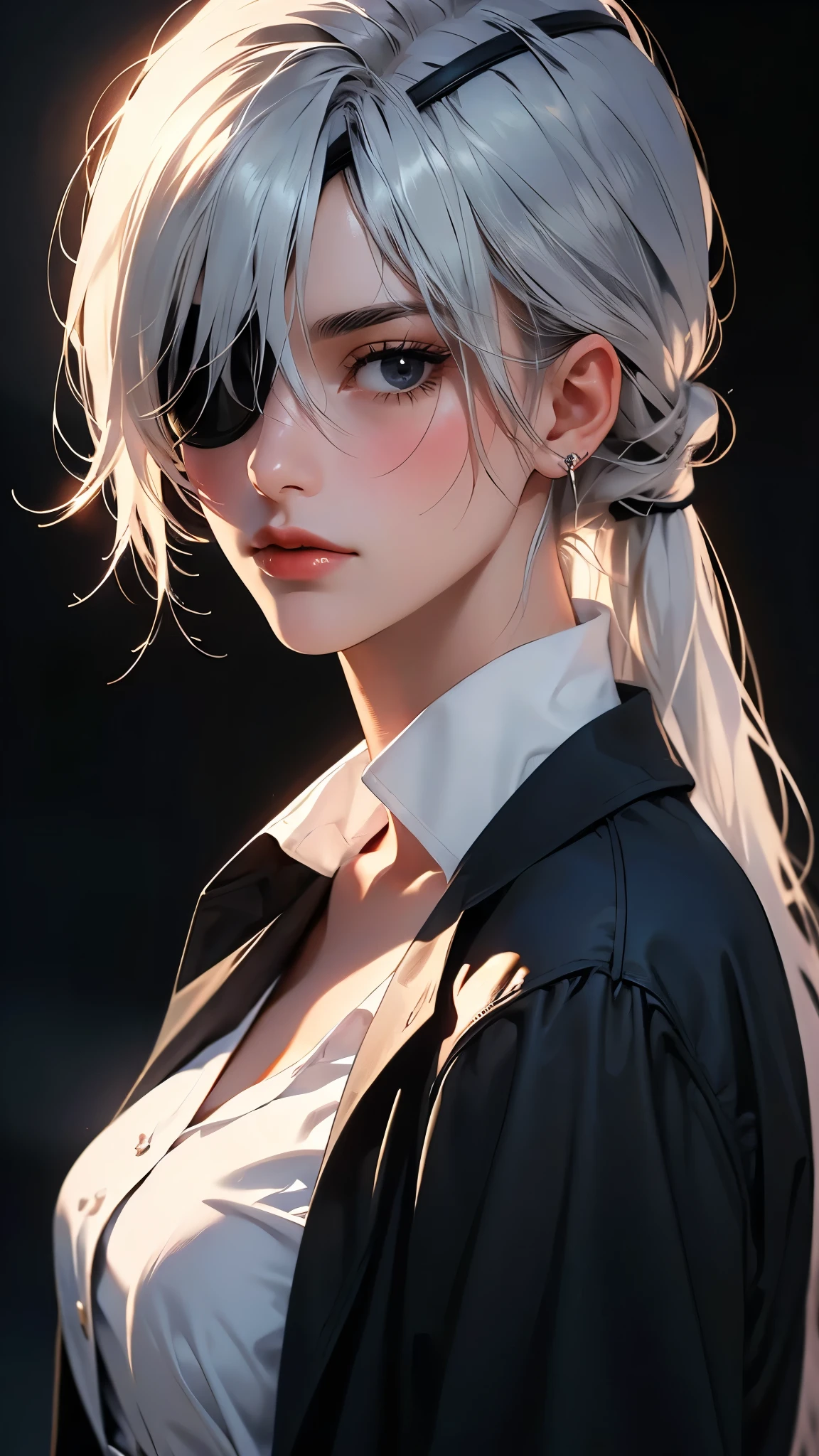 ((Masterpiece)), envision a 8k, highres, cinematic, extremely beautiful semi realistic close up portrait of a strong mature lady with a slender muscular body, flat chest, white hair, side locks, strong face, slender face, long sweeping bangs, face scars, (((eyepatch))), blue eyes, soft lips, lip gloss, thick eyebrows, round face, white shirt, black tie, black trench coat, ((((1girl)))), in dark lighting, against a dark gray background