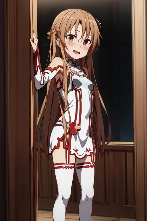 ((Best Quality)), ((masterpiece)), (be familiar with), Perfect Face, indoor, bedroom, Watching the audience,
One woman, Yuuki Asuna,
Open Mouth, Ecstatic expression, blush, smile,
Small breasts, Flat Chest, , , child, Girl,
Long Hair, Long Hair,
Leg spread,