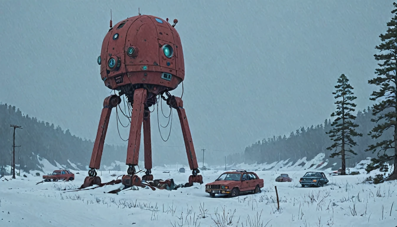 (canyons:1.5) abandoned a group of machine (blizzard:1.3) Simon Stalenhag style