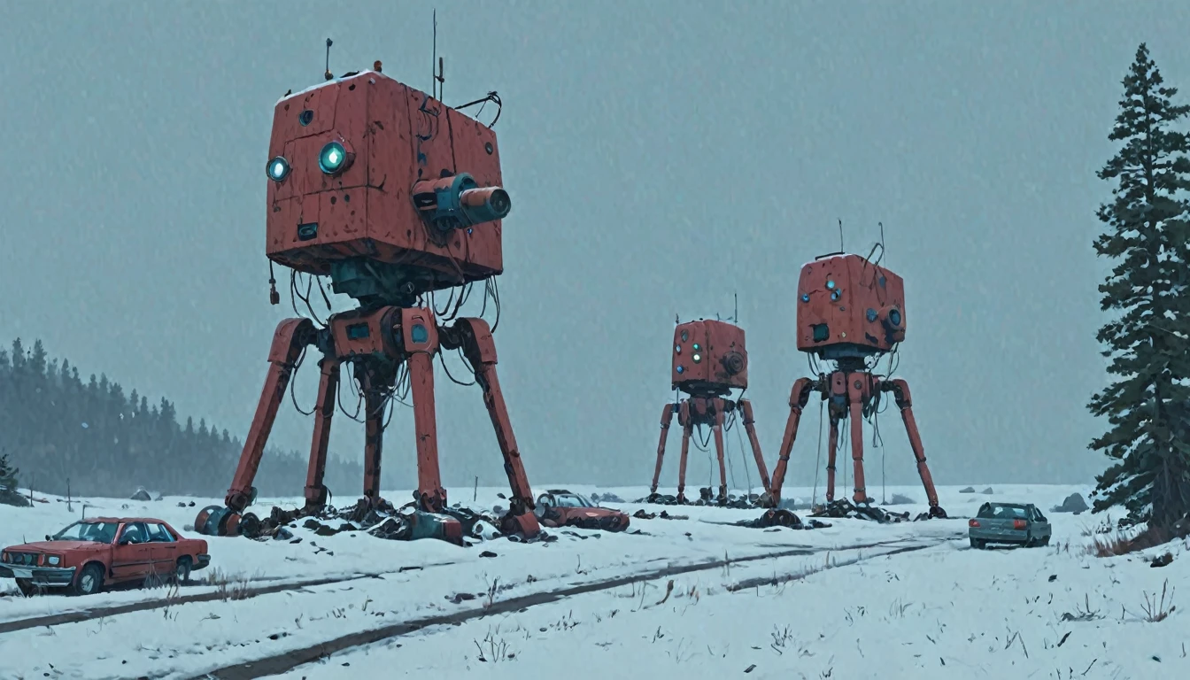 (canyons:1.5) abandoned a group of machine (blizzard:1.3) Simon Stalenhag style