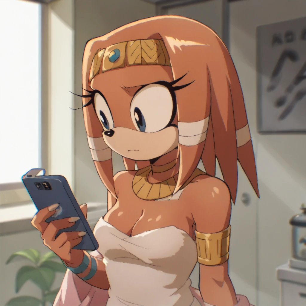 score_9_presence, score_8_up, Tikal The Echidna, wrapped in towel, medium breasts, cleavage, holding phone
