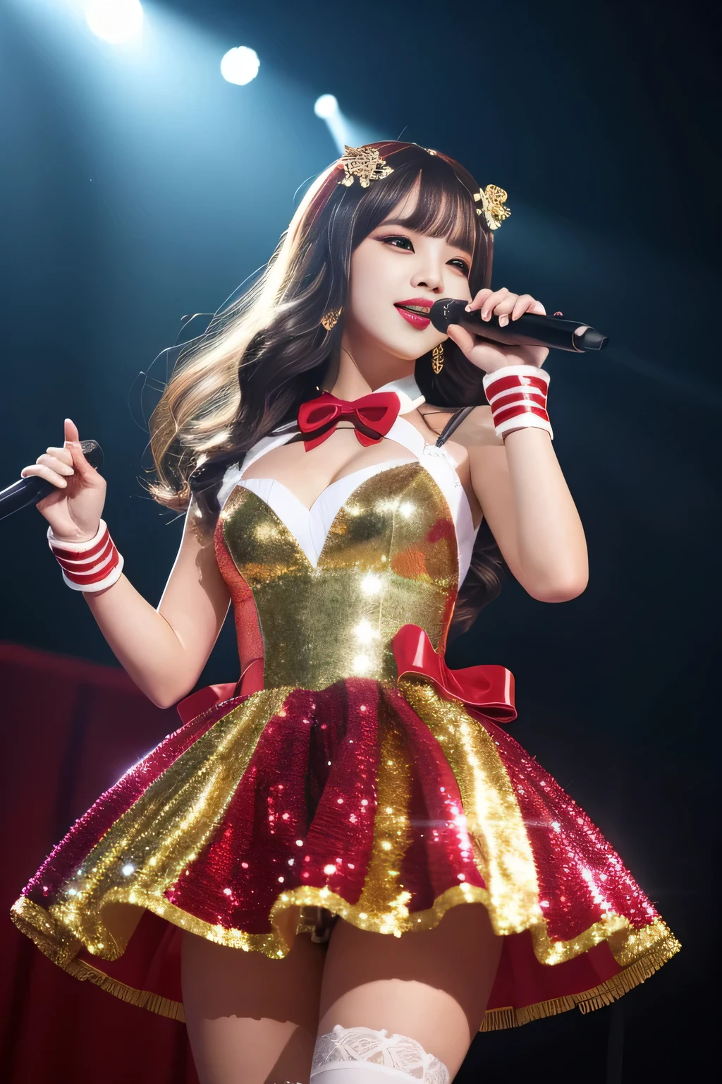 Popular idol concert,Wearing idol costumes:luxurious costume:red and gold and white,Sparkling,sequins,lame,ribbon,hair ornaments,sparkle,Background of the concert venue,Concert venue lighting,beautiful light and shadow, Second time&#39;Tzuyu, young and cute idol,, cowboy shot, medium long,Refreshing young Japanese woman, cute idol sculpture, 🚿🗝📝, young idol, young slender idol, smile, nffsw, table top, award-winning, 8k, highest quality, smile refreshingly, Haruka Ayase, Assist々Kiki, Kana Hashimoto, Mai Shiraishi, Nishino Nanase, Mei Watanabe, Yuki Yoda, Assist々xylophone, Aoi Miyazaki, Yuko Takeuchi, Yuki Uchida, Suzu Hirose, Aya Ueto, award-winning, nffsw, table top,, japanese model, Realistic young idol, anatomically correct, In 8K