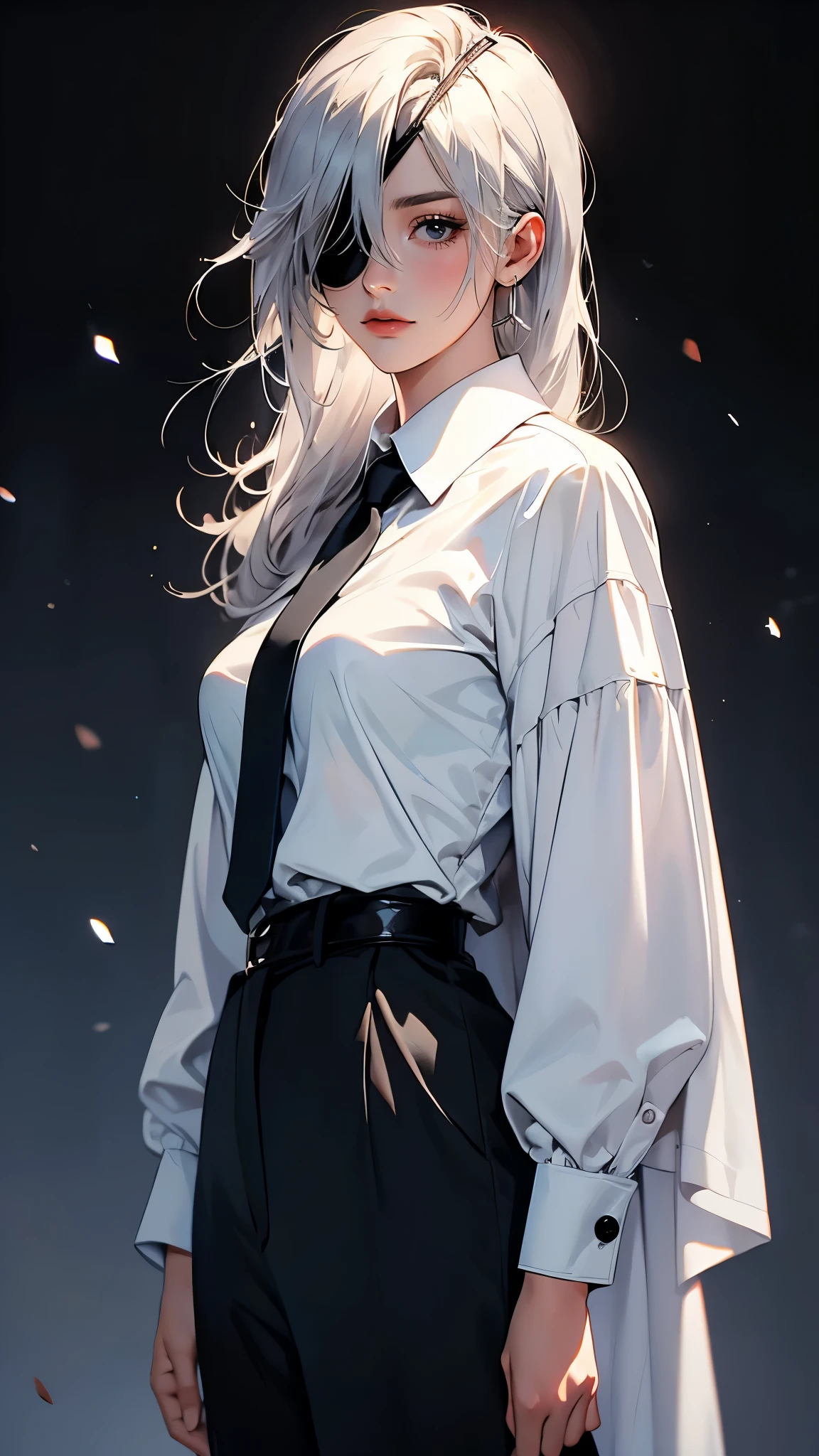 ((Masterpiece)), envision a 8k, highres, cinematic, extremely beautiful semi realistic full body pinup of a strong mature lady with a slender muscular body, flat chest, white hair, side locks, strong face, slender face, long sweeping bangs, face scars, (((eyepatch))), blue eyes, soft lips, lip gloss, thick eyebrows, round face, white shirt, black tie, black pants, dress shoes, black trench coat, ((((1girl)))), in dark lighting, against a dark gray background