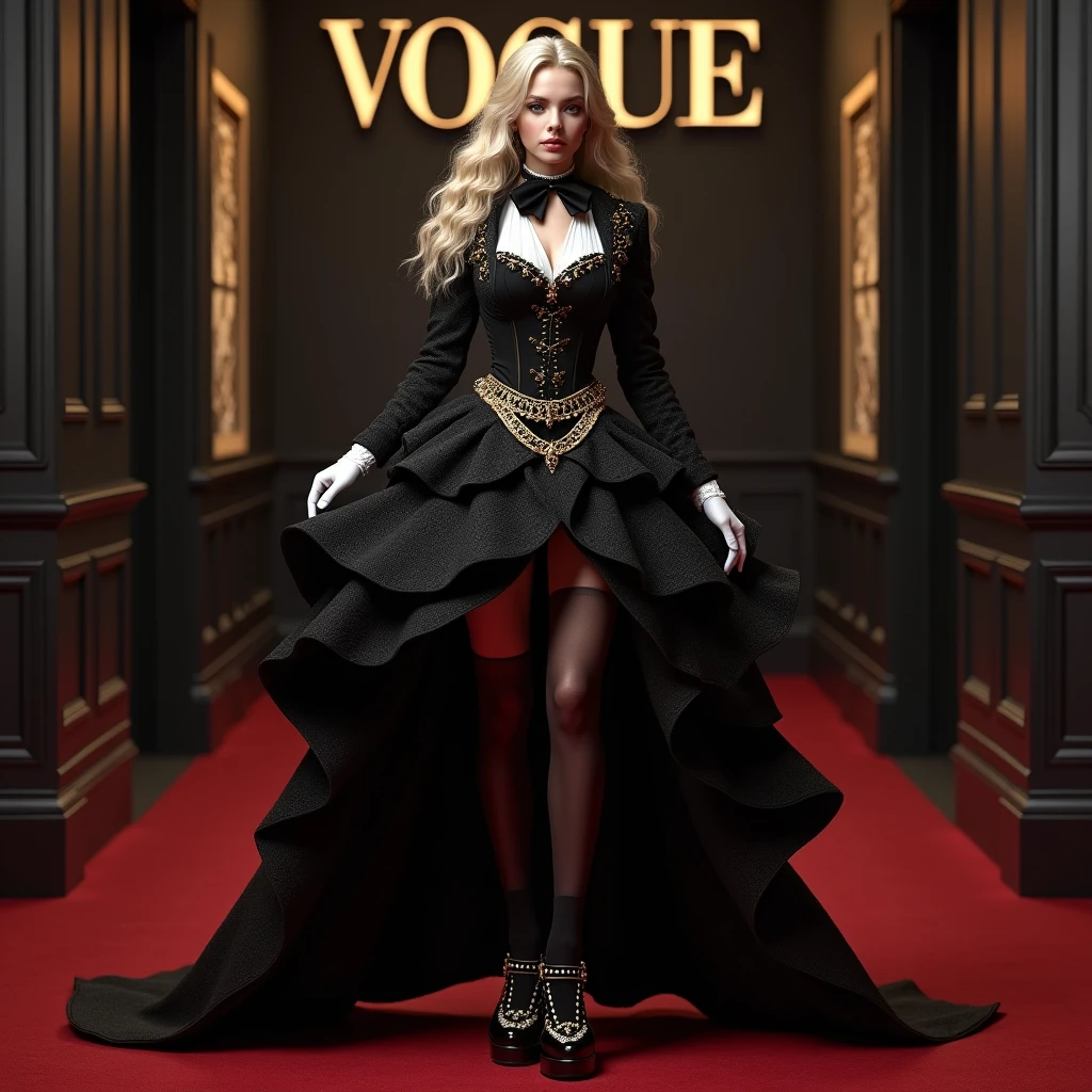 Cruella de Vil from the 2021 movie played by Emma Stone in a boutique full of dresses on a white background, Name "Cruella Boutique" In the middle 