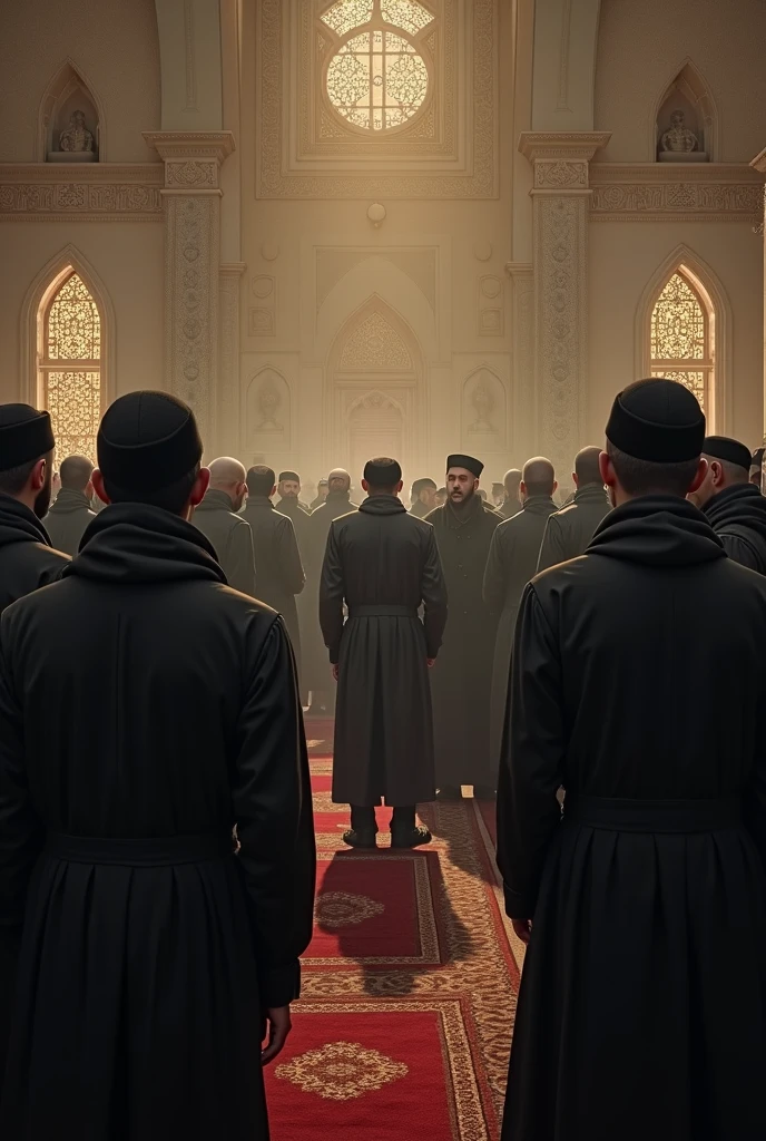 medieval Arab, mourn, Islamic funeral, so many people inside a mosque, crying together, dim lighting, realistic, detailed,