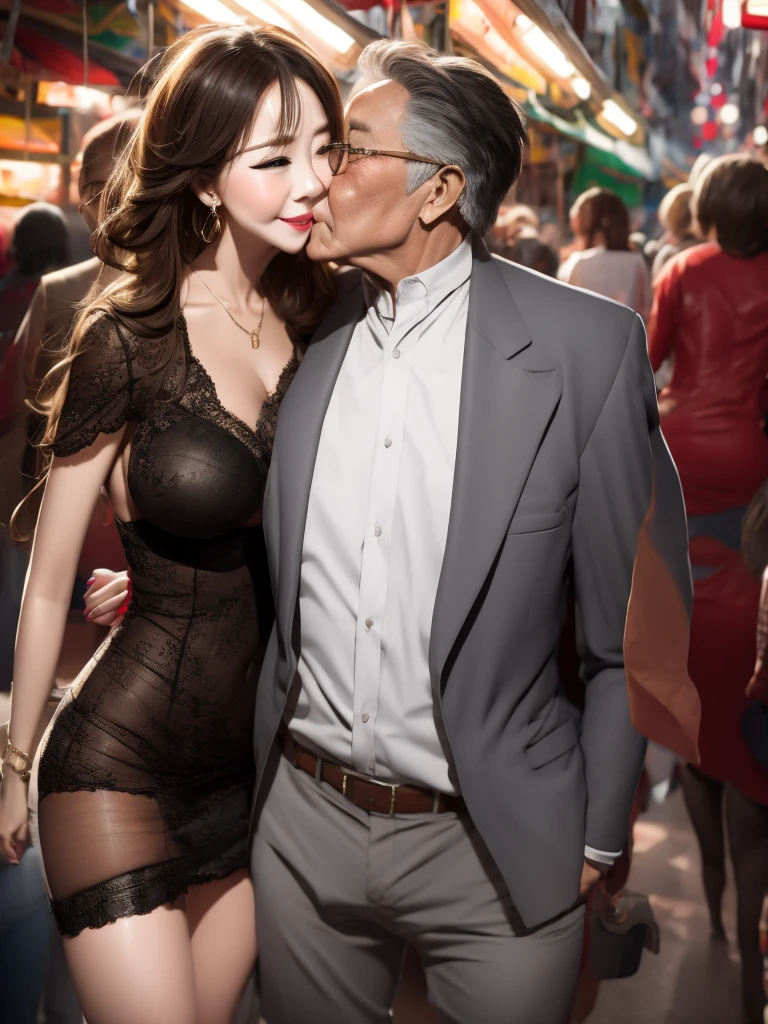 A beautiful woman wearing a revealing dress, kissing her elderly husband in the crowded market, UHD, masterpiece, textured skin, super detail, best quality, 8k.