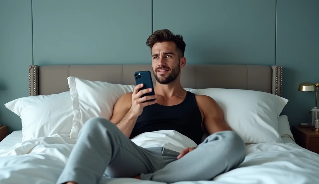 Naked lower waist body of muscular man lying on bed selfie from phone screen